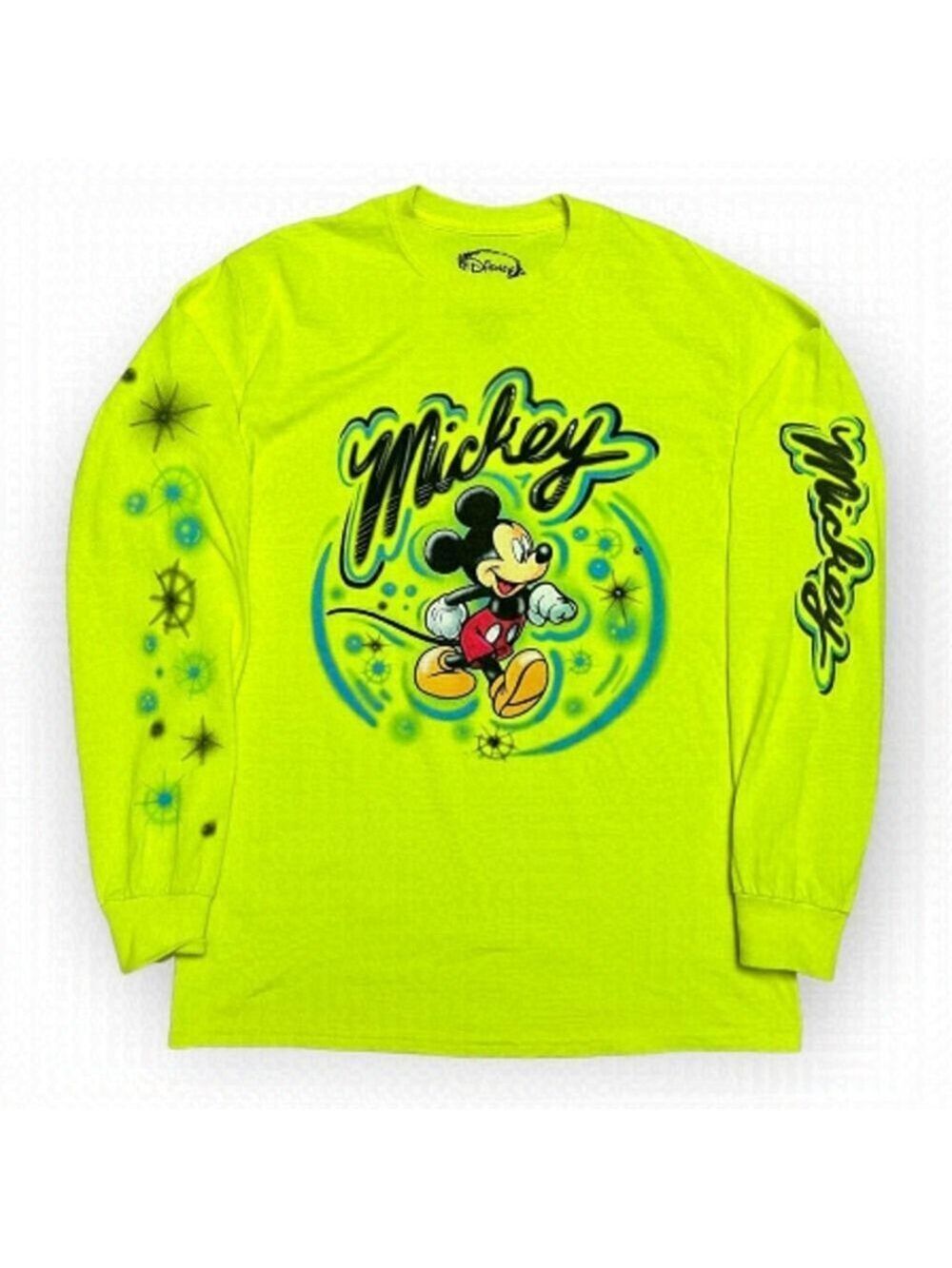 Disney Mickey Mouse Neon Green Airbrush Long Sleeve Tee Shirt - Mens Small